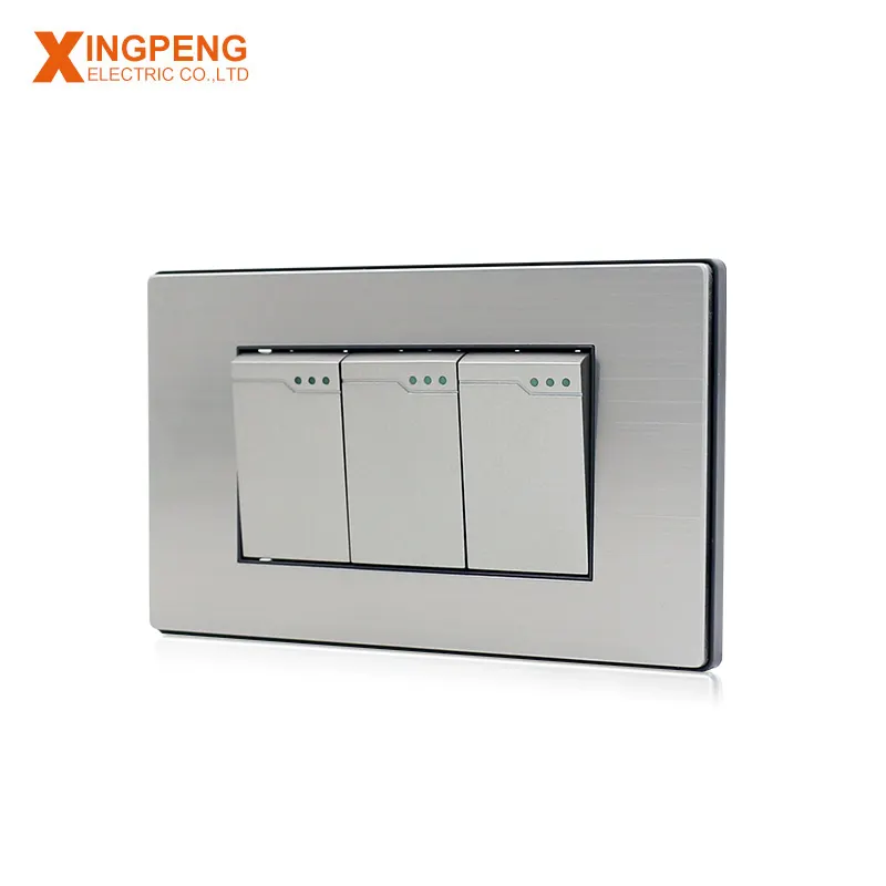 Interruptor elétrico fonte de alimentação três unidades, placa de aço inoxidável interruptor de parede luz