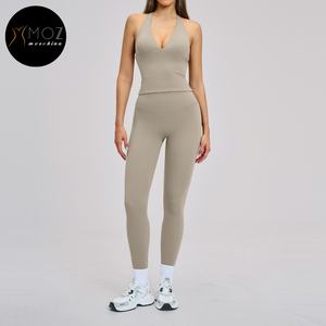 Women's Brushed Halter Deep V 2-Piece Set - Backless <strong>Top</strong> &amp; Sculpting <strong>Leggings</strong> for Yoga &amp; Gym Custom Activewear Sets Available - Product Image 5