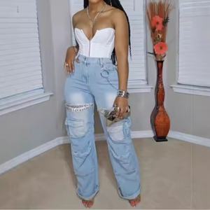 Pantalon cargo pour femme, best-seller, en jean respirant, orné de strass et multi-poches, pour tenue du jour (OOTD) - Product Image 2