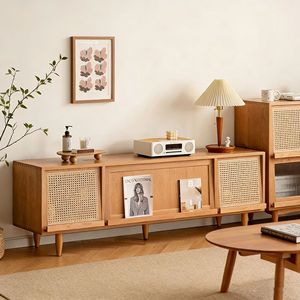 Zeyang Nordic Solid Wood TV Cabinet With Rattan Weave <b>Storage</b> Living Room Floor Stand Modern Minimalist Design - Product Image 1