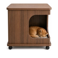 Table d'appoint moderne pour chat, mobilier partagé humain-animal, ouvertures avant et arrière cintrées, roulettes verrouillables, finition noyer, écologique