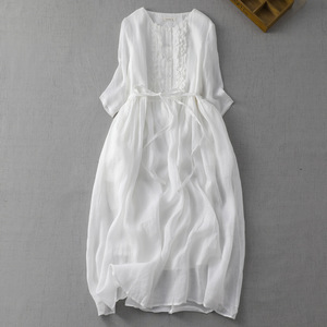 2023 Summer Artistic Vintage Neck Double-Layer <strong>Ethereal</strong> Lace-Up Loose Waist Mid-Length Travel Vacation <strong>Dress</strong> Women's Thin Pocket - Product Image 3