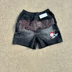 Streetwear hommes été coton brut ourlet en détresse acide lavage soleil délavé strass personnalisé Shorts