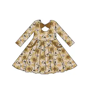 Qingli OEM Toddler Girls Milk Silk Bee Printed Long Sleeve Baby Girl Bow Dress