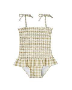 Combinaisons d'été à carreaux pour filles avec bretelles à nouer et smocks, maillots de bain à volants pour enfants - Product Image 1