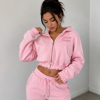 Ensemble de survêtement deux pièces pour femme, comprenant un sweat à capuche court zippé et un pantalon de survêtement large, en tissu éponge de haute qualité, effet vieilli, pour automne-hiver