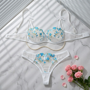 Wholesale Rose Embroidery Lingerie <b>Set</b> <b>Sexy</b> Sheer Mesh Underwire Bra and Thong Panties <b>Set</b> 2 Piece Bow Lace Womens Intimates - Product Image 1