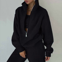 Ensemble 2 pièces pour femme : Sweat-shirt à manches longues, col à revers, demi-zip, uni, élégant, coupe ample, décontracté, style col roulé