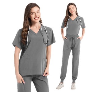 Women's Cotton Scrub Set Short Sleeve V Neck Moisture Wicking Hospital Uniforms For Medical Beauty Dental Workwear Split Design - Product Image 4