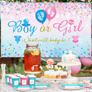 Sfondo per Festa di Rivelazione del Sesso del Bambino, Motivo Piedini, in Vinile Rosa e Blu con Stelline, per Baby Shower e Foto - Product Image 1