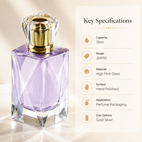 Flacon de parfum en verre facetté de 70 ml, transparent et poli, avec vaporisateur à sertir et capuchon doré ou argenté