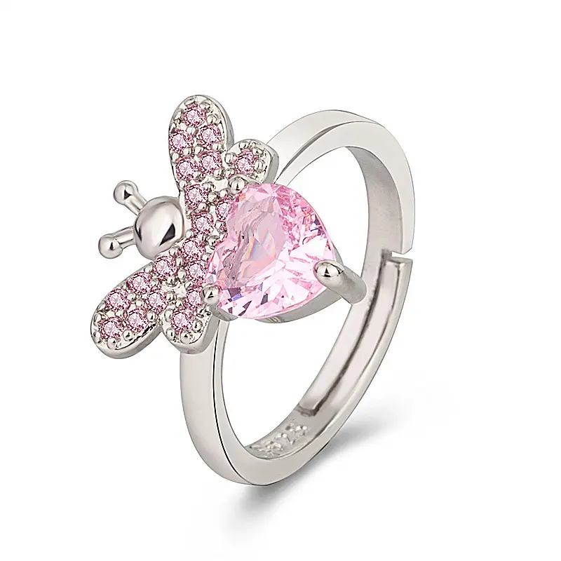 Jachon Popular Bee shaped Pink Zircon Adjustable Rings Hot selling Diamond Fine Ring Jewelry
