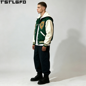 Cut And Sew Varsity <b>Jacket</b> <b>Rhinestone</b> Applique Green Wool Leather Sleeve Letterman Baseball <b>Jacket</b> Wholesale Bulk - Product Image 2
