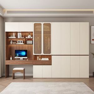 Armoire intégrée de style noyer moderne avec bureau, placard de bureau multifonctionnel et armoire de rangement, mobilier de chambre à coucher - Product Image 2