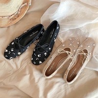 QuiteS Nouvelle collection été 2026, Sandales confortables et respirantes à strass, style Mary Jane fin, plates, à nœud, style français, à découpe basse