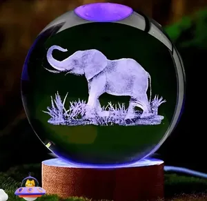 새로운 디자인 3D 코끼리 레이저 새겨진 크리스탈 볼 램프 멀티 컬러 야간 조명 유리 공 거실 크리스탈 볼 라이트