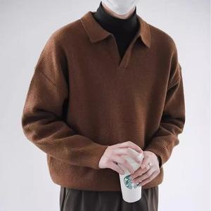 Vente en gros de pulls de couleur unie à manches longues pour hommes, nouveaux matériaux, pulls en cachemire tricotés à col rabattu anti-rides - Product Image 5