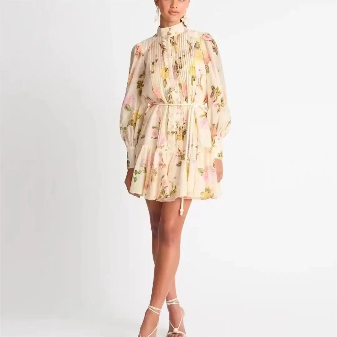 Fashion 2023 Spring New Printed Long-Sleeved Niche Design Women's French Waist Puff Sleeves Tie Temperament Dress