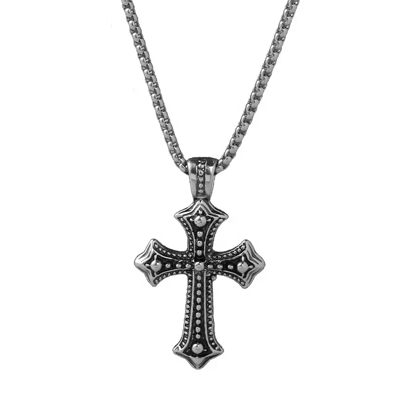 Vintage Gothic Hip Hop Halloween Party Stainless Steel Titanium Cross Pendant Necklace for Men Gift
