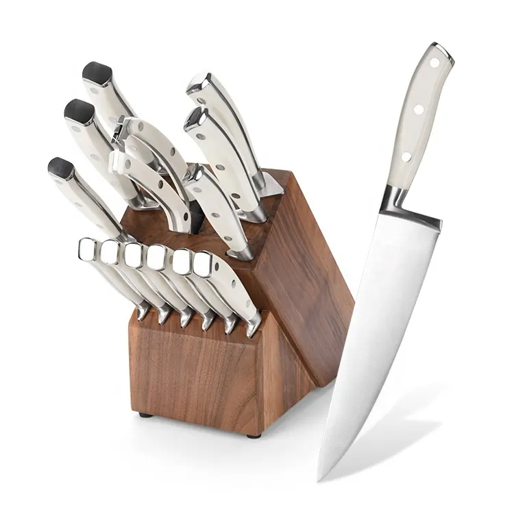 क्लासिक पूर्ण तांग जाली सफेद चाकू सेट 17 टुकड़ा रसोई के चाकू ब्लॉक के साथ सेट लकड़ी और चोखा