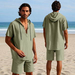 Conjunto de Camisa sin Mangas con Capucha y Pantalones Cortos de Lino para Hombre, Corte Holgado, Ligero, Informal, Ropa de Playa, Conjunto Coordinado de Dos Piezas para Verano - Product Image 3