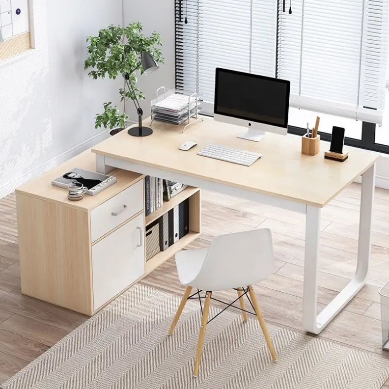 Meja Putar Bentuk L dengan Rak Buku 360 Derajat Furnitur Kantor Modern Melamin Cat Kayu Berputar Desain Sudut Berbentuk L