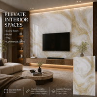 Lámina de Mármol UV MORLENX con Remolinos Minerales en Oro Champán, Panel de Pared de Alto Brillo para Proyectos de Recepción en Resorts de Lujo
