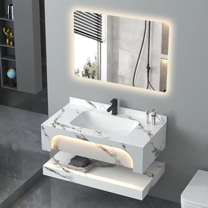 Ensemble de meubles de salle de bain avec vasque double murale en pierre de marbre en pierre frittée OEM avec miroir intelligent - Product Image 2