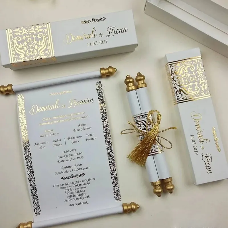Cartão de convite de casamento com caixa e borla, papel de rolagem exclusivo personalizado baixo MOQ, personalizado, para uso em 2024, com embalagem e borla, ideal para casamentos