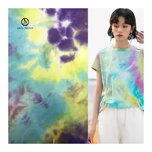 China Supplier MOQ 140gsm Lightweight Tie Dyeing 32S Single Knit cotton T-shirt Clothing Fabric Purple Yellow Green Color Bright
