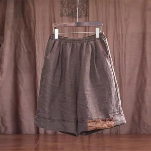 Casual Women's Cotton Linen Shorts High Waist Loose Flare Five Point Pants With Patchwork Design Breathable Summer Wear - Product Image 4