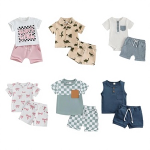 Ensembles de vêtements en coton pour bébés, hauts à manches courtes avec shorts, motifs à carreaux et nœuds de dinosaure, tenues d'été pour tout-petits filles et garçons - Product Image 1