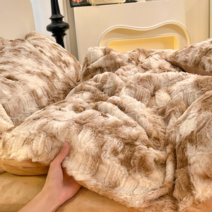 Rắn Faux Thỏ Nhung Sữa Nhung 4Pcs Thiết Lập Màu Sọc ca rô <span class=keywords><strong>Comforter</strong></span> Bìa Gối Chăn Bìa Tấm Bộ Đồ Giường Thiết Lập Cho Mùa Đông - Product Image 4