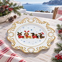 Assiette de Présentation en Plastique de 13 Pouces avec Motif Teckel de Noël Imprimé UV et Bordure Dorée Gaufrée Élégante pour les Décorations de Table de Fêtes