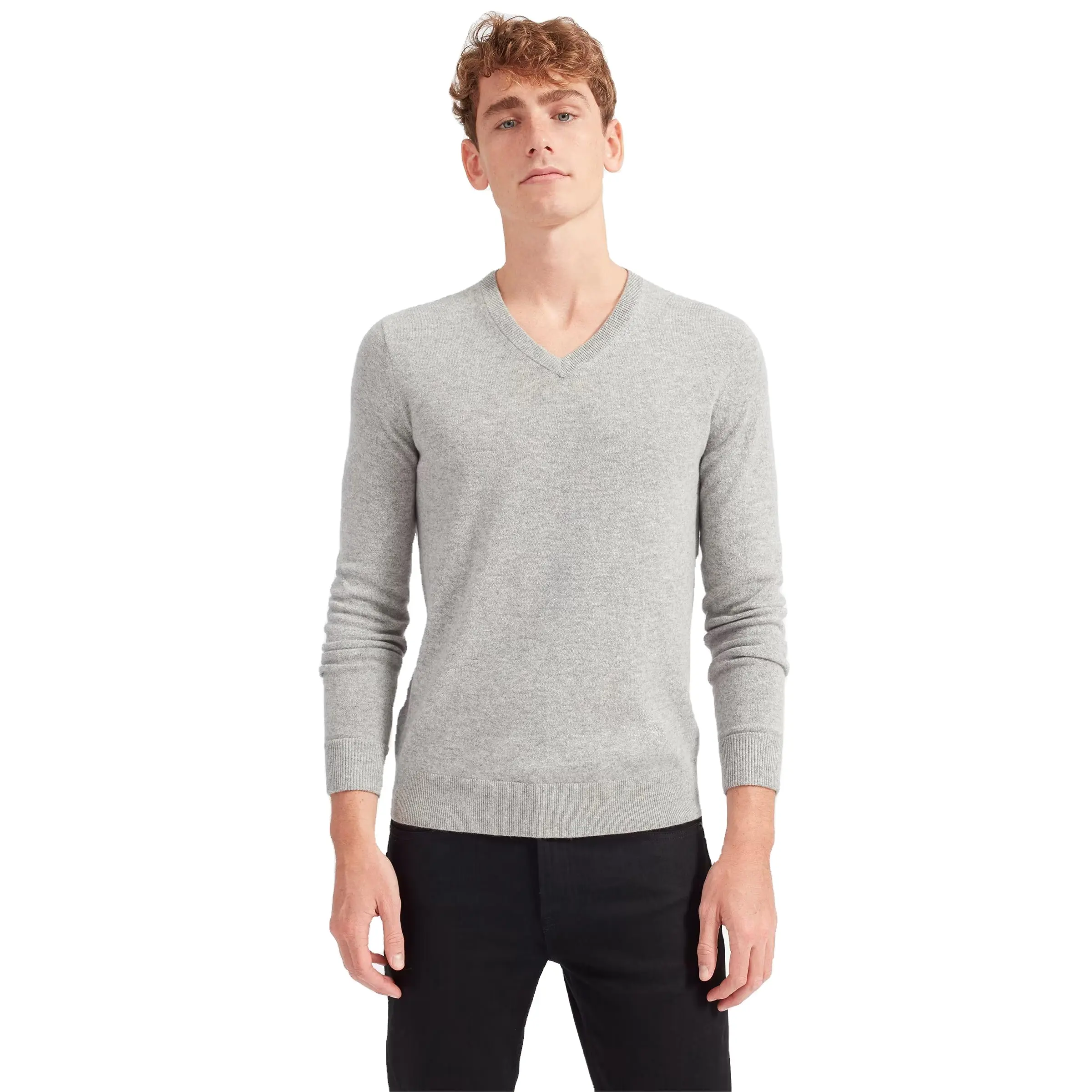 wholesale basic v-neck comfy gray men's sweater plain knitted pullover cashmere sweater for winter