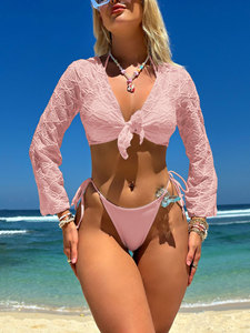 <b>Sexy</b> Long Sleeve <b>Bikini</b> 2026 Mujer Women Swimsuit White Black Front Tie Cover up 3 Piece <b>Bikinis</b> <b>Set</b> Bathing Suit Thong Swimwear - Product Image 1