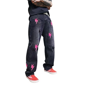 Design personnalisé Nouveaux jeans décontractés taille moyenne pour hommes Loose Straight <span class=keywords><strong>Tube</strong></span> Leather Patch Lightning Embroidery Colored Washed Technique - Product Image 1