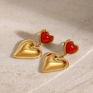 Heart Shape <b>Red</b> Agate Drop <b>Earrings</b> Gold Plated Bezel Setting Gift Jewelry - Product Image 2