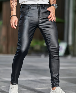 Wholesale High Quality <strong>Men</strong> Business Casual High Waist Straight Leg <strong>Faux</strong> <strong>Leather</strong> Biker Motorcycle Pants PU <strong>Leather</strong> <strong>Trousers</strong> - Product Image 1