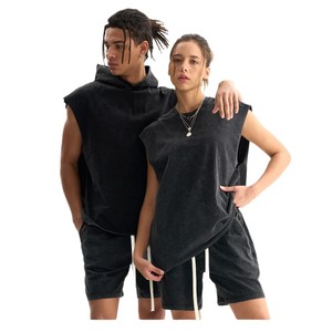 Conjunto de suéter sin mangas <span class=keywords><strong>con</strong></span> capucha de algodón retro lavado y pedrería, ecológico, de verano, al por mayor, <span class=keywords><strong>con</strong></span> pantalones cortos casuales de alta calidad - Product Image 1