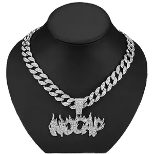 Colar de hip hop personalidade com letras e pingente de chama, colar de diamantes com strass e joias da moda para homens