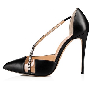 Sandalias de tacón de aguja con remaches metálicos para mujer, zapatos de vestir de PVC con punta puntiaguda para oficina - Product Image 2