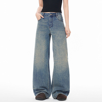 Pantalon décontracté pour homme en denim délavé de style américain rétro, taille haute, coupe droite ample et jambe large, extensible, de haute qualité