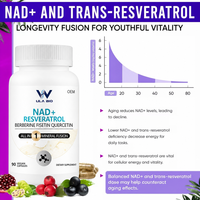 Complément ODM pour la santé cellulaire : Vitamines antioxydantes en capsules, NAD+, Resvératrol, Racine de Kudzu
