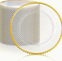 Assiette de présentation dorée transparente de 13 pouces avec perles, en plastique doré, pour mariage, dîner, décoration de fête et assiettes de présentation