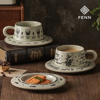 Tasse à café et soucoupe en céramique vintage personnalisées FENN, peintes à la main, 250 ml, ensemble de tasses à thé artistiques, mugs et soucoupes en porcelaine, cadeau, vente en gros