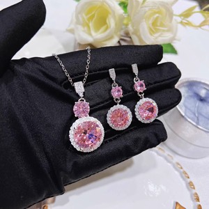 Pink Zircon Necklace Set Round Cut Women's Wedding Jewelry <b>Silver</b> Tone Circling Setting - Product Image 1