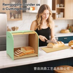 Boîte de rangement pour pain en bambou, double couche, couvercle rabattable, vert, pour comptoir de cuisine, armoire à pain, anti-humidité, rangement alimentaire - Product Image 5
