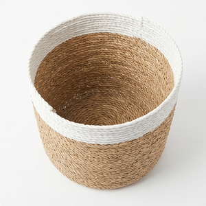 Two-Tone Woven Seagrass Storage <b>Basket</b>, <b>Round</b> Natural and White <b>Wicker</b> Indoor Planter Pot Cover for Home Decor - Product Image 4