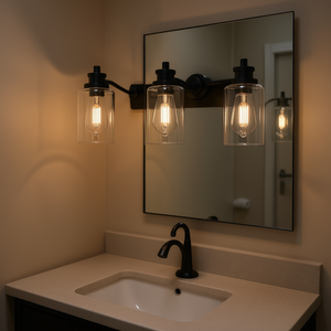 Lampe murale industrielle noire à 3 lumières, abat-jour en verre transparent, éclairage de miroir de salle de bain, blanc chaud, à intensité variable - Product Image 2